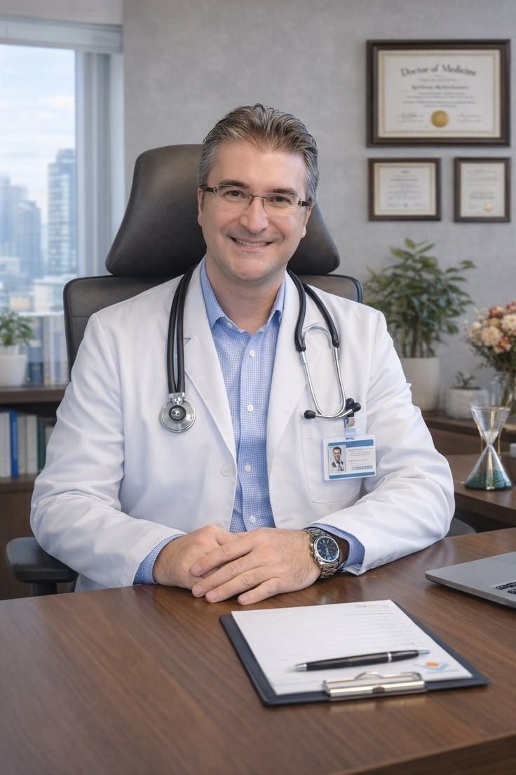 Doctor seated at a consulting room desk, illustrating the clinical route to treatment