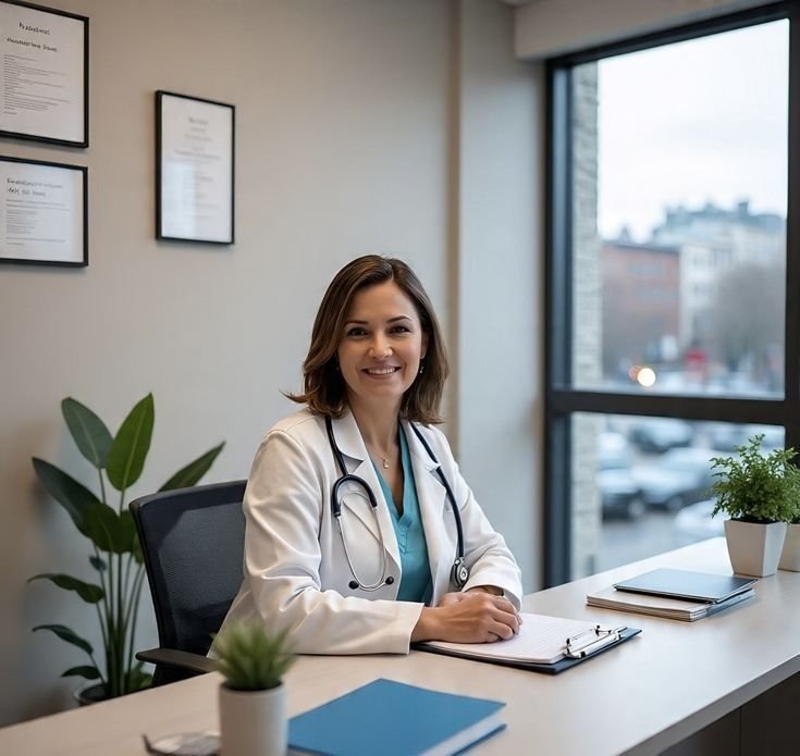 GP seated at a consulting room desk with a patient file and prescription pad, representing a medical card review in Ireland