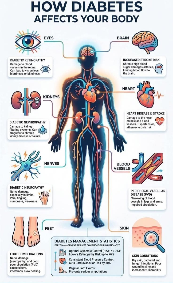 Medical diagram showing how type 2 diabetes affects the eyes, heart, kidneys, nerves, blood vessels, feet and skin
