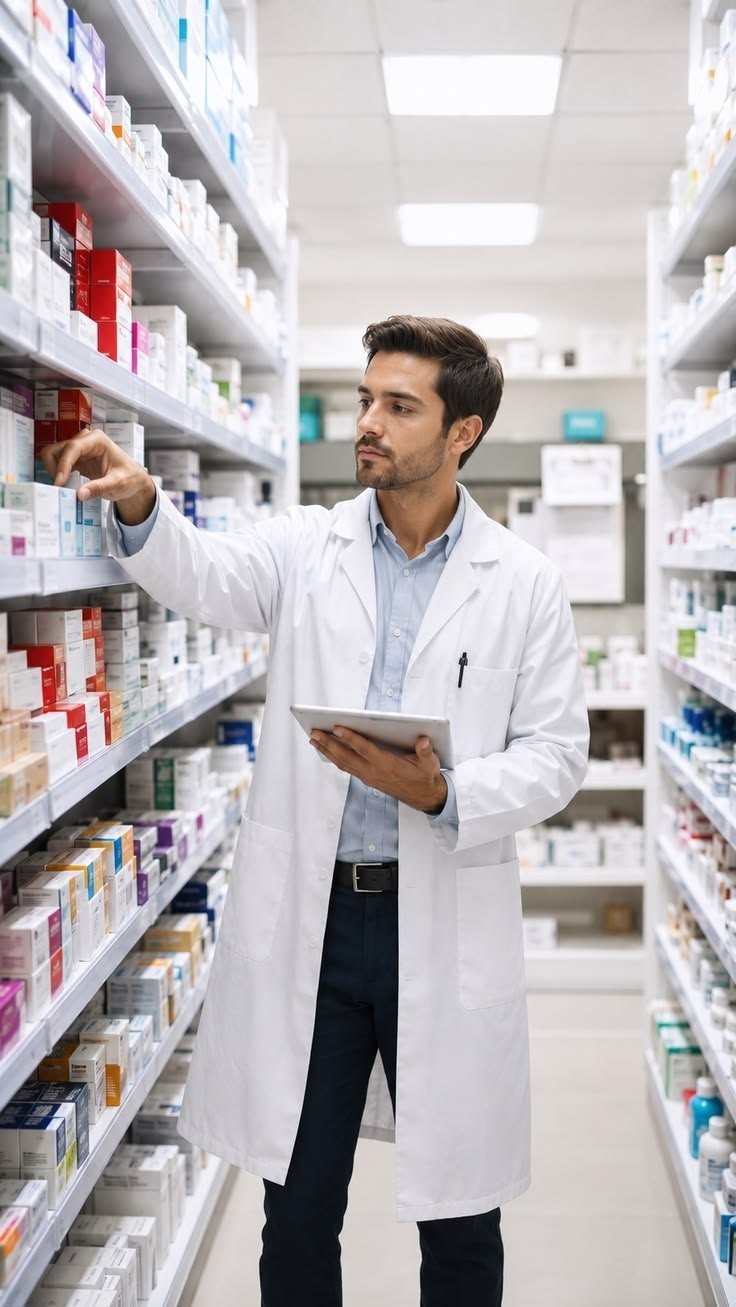 Home Pharmacist checking stock in an Irish community pharmacy dispensary