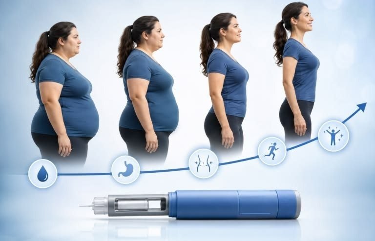 Illustration of a GLP-1 injection pen alongside icons for blood sugar, stomach emptying, appetite and activity