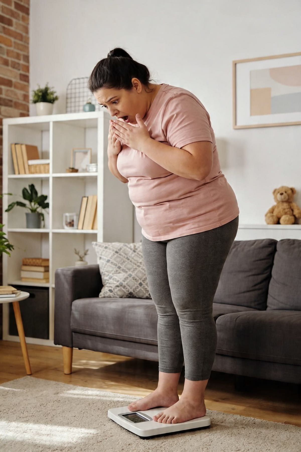 Home Woman standing on bathroom scales at home looking at the reading