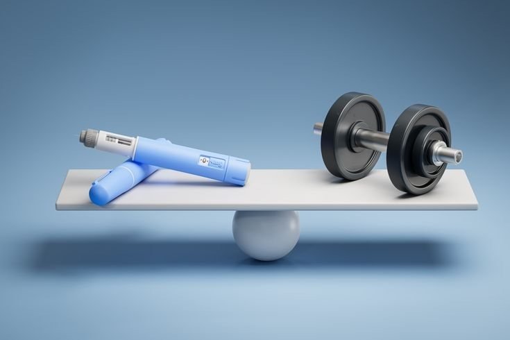 Home GLP-1 injection pens and a dumbbell, representing the monthly cost of weight loss treatment