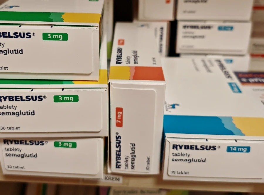 Rybelsus oral semaglutide cartons on a pharmacy shelf in 3 mg, 7 mg and 14 mg strengths, 30 tablets per pack